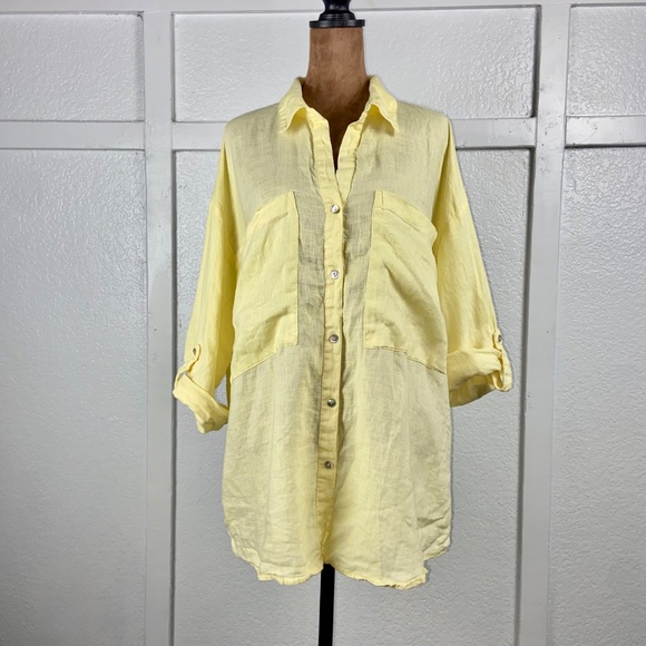 Magaschoni 100% Linen Button Down Tunic Top Yellow Roll-Tab Sleeves Women’s M - Picture 2 of 8